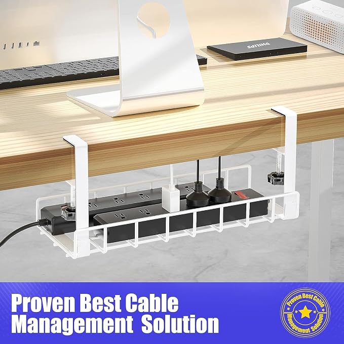 Under Desk Cable Management Tray 2 Pack, Xpatee Upgraded Wire Management No Drill No Screws, Cable Tray with Clamp for Wire Organizers, Computer Cord Rack for Office, Home - No Damage to Desk White - Image 6