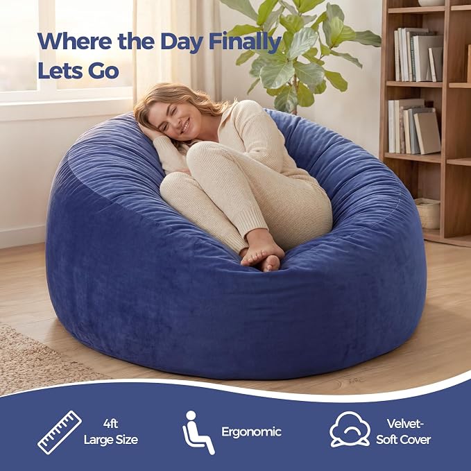 ACH 4ft Bean Bag Chair for Adults, Large Oversized Memory Foam Floor Chair, Machine Washable Velvet Cover, Living Room and Bedroom, (Blue,Large) - Image 3