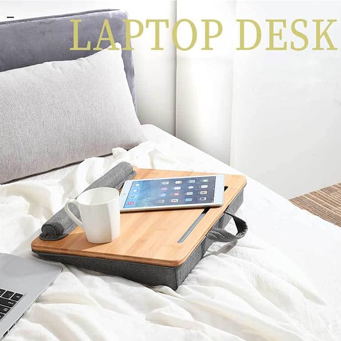 SUMISKY Lap Desk-Portable Laptop Stand with Cushion, Bamboo Platform with Phone Holder, Wrist Pad Fits up to 15.6 Inch Laptops - Image 6