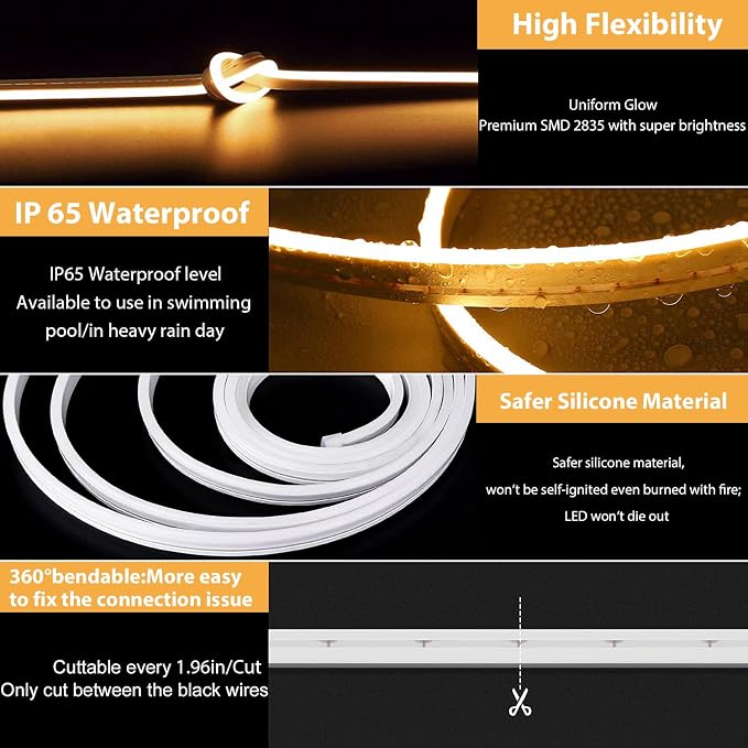 Lamomo LED Strip Lights, Tunable White Neon Rope Lights with Remote, 32.8Ft Dimmable 3000K-6000K Flexible Led Light Strip, Waterproof Silicone 24V Neon Lights for Bedroom Home Decor - Image 6