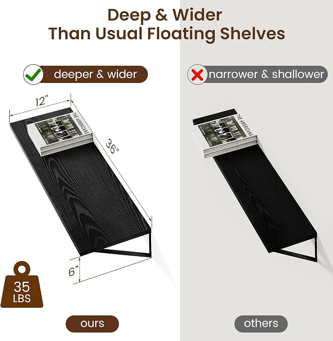 Axeman Floating Shelves for Wall Black- 36 Inch Wide x 12 Inch Deep Wall Shelves Set of 2 - Black Deep Wood Floating Shelves for Living Room Bedroom Laundry Room - Image 3