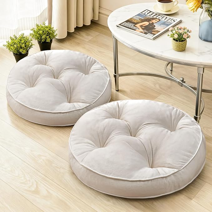 1 MIDDLE ONE Floor Pillow Set of 2, Memory Foam Meditation Cushion, Floor Cushions for Adults Sitting, Large Round Seat Cushions for Yoga, Living Room, 20x20 Inch (Round | Off-White) by 1MIDDLEONE