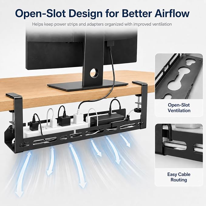 Under Desk Cable Management Tray, 15.75" No Drill Clamp-On Metal Cable Tray for Power Strip, Compact Under Desk Cord Organizer and Wire Management Holder for Office, Gaming Desk, Standing Desk - Image 4