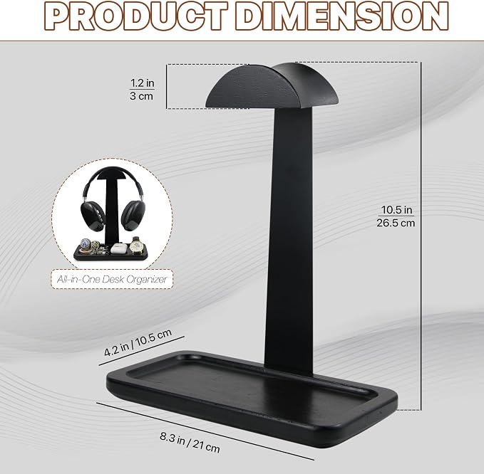 Gift for Men Headphone Stand with Storage Base, Stylish Headset Holder Gamer Gifts for Gaming & Desk to Keep Accessories Organized, Unique Gifts for Teenage Boy Brother on Birthday (Black Wood) - Image 9