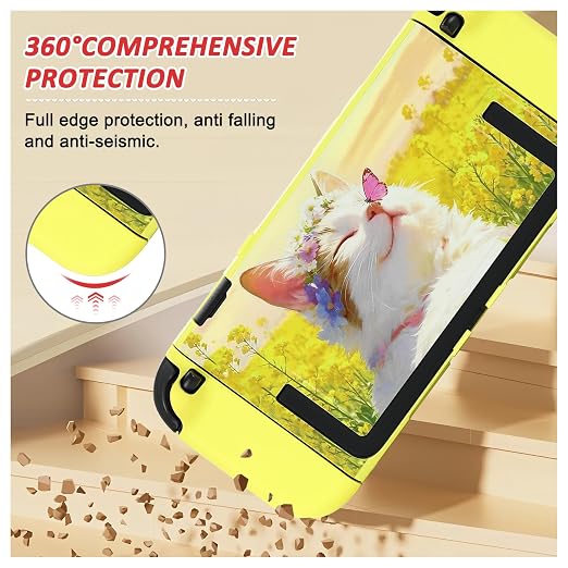 DLseego Protective Hard Case for Nintendo Switch 2 (2025), Soft Grip Cover for Handle, Detachable Joy-Handle Controller Shockproof & Scratch-Resistant Console Shell, 4 Thumb Grips, Cute Cat - Yellow - Image 2