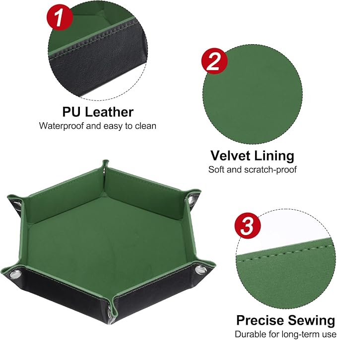 HARFINGTON PU Leather Dice Tray Unisex Valet Tray Folding Hexagon Tray Portable Entryway Table Nightstand Bedside Desk Holder for Key Wallet Watch Coin Jewelry, Olive Green - Image 4