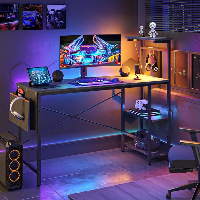 Bestier Gaming Desk with LED Lights, 51.3 Inch Computer Desk with 4 Tiers Reversible Shelves, Gamer Desk with Side Storage Bag, Hooks and Height Adjustable Shelf (Black Marble) - Image 3