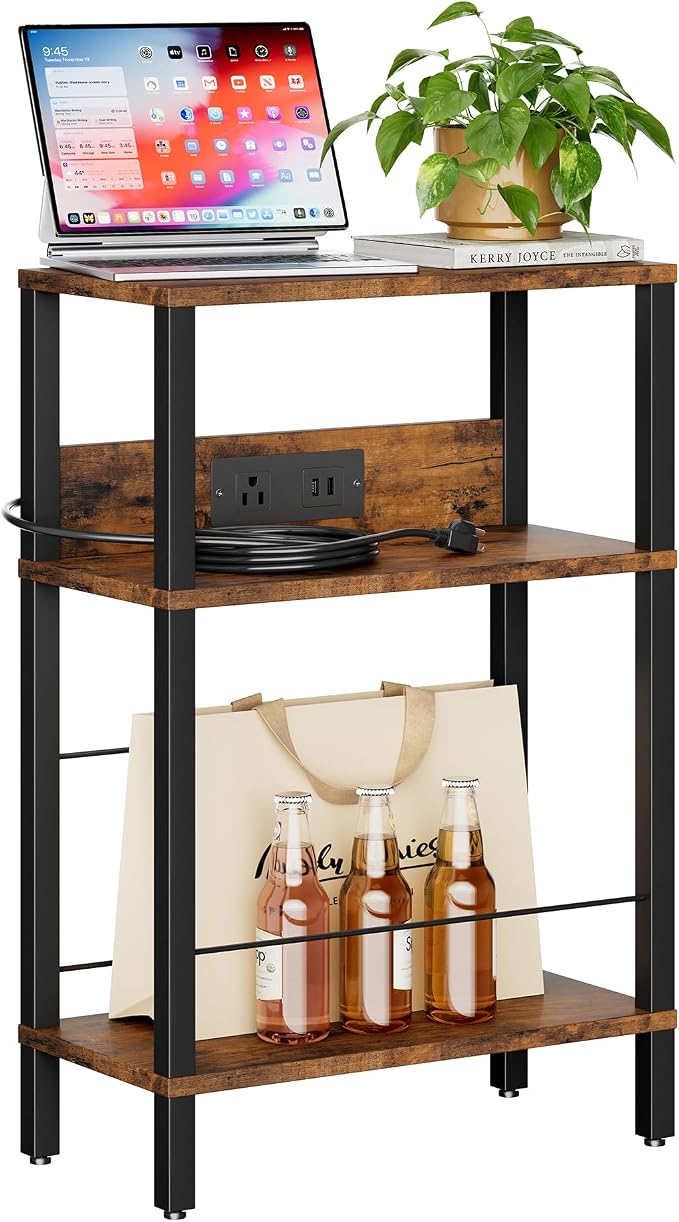 Narrow Nightstand with Charging Station,Rustic Brown Side Table with Outlet - Image 5