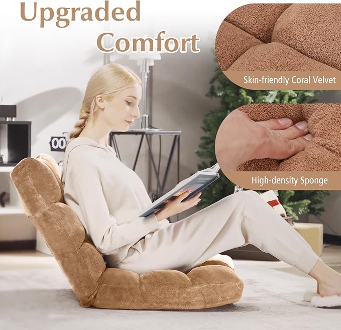 14-Position Lazy Sofa Chair with Soft Coral Fleece, Folding Gaming Chair, Couch Recliner, Floor Seat for Reading, Meditating, Yoga (Tan) - Image 3