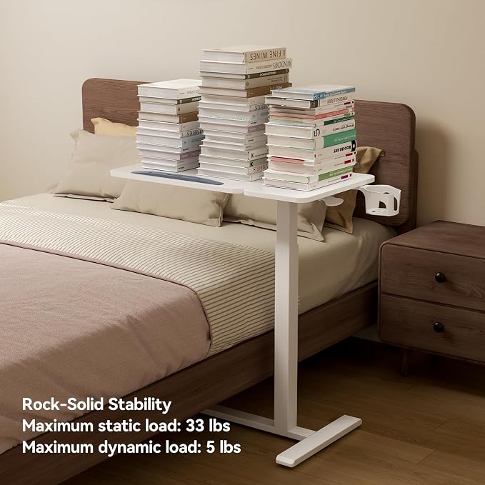 Overbed Bedside Table with Wheels, Pneumatic Adjustable Medical Tilt Top Hospital Bed Table Over The Bed, Rolling Laptop Desk, Mobile Standing Desk for Hospital and Home Use, White - Image 7