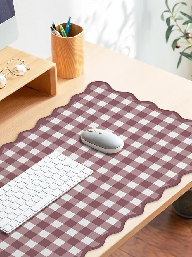Scalloped‌ Dark Pink Checkered Gingham Desk Mat Cute Pastel Large Mouse Pad Kawaii Cottagecore ‌Vintage‌ Rustic Keyboard Pad Computer Mat for Desktop Aesthetic Cozy Office Desk Decor - Image 3