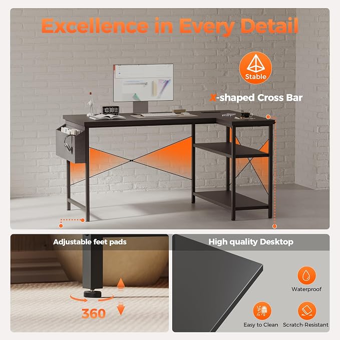 Mericonia 47 inch Corner Desk with Shelves, Small L Shaped Gaming Desk | Reversible Computer Desk with Power Outlets & Storage Bag, Office Table for Home Bedroom Study Work Writing - Image 5
