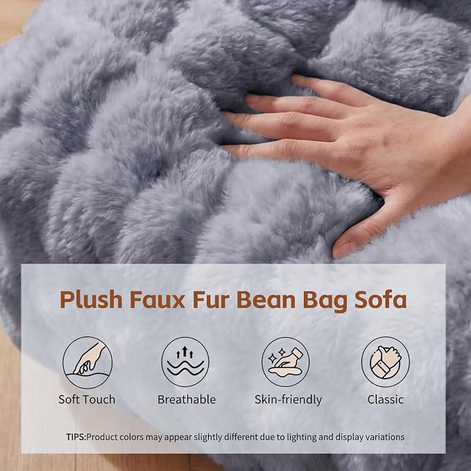 Memory Foam Faux Fur Bean Bag Chair, Light Grey | Supportive memory foam filling, plush faux fur cover, floor lounge sofa for bedroom, living room & office daily relaxation - Image 7