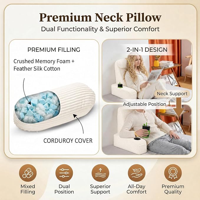 Reading Pillow for Adults, Back Pillow for Bed Sitting Up, Backrest Pillow for Sitting in Bed, Detachable Arms with Built-in Cup & Phone Caddy (Beige-Corduroy, 19 INCH) - Image 3