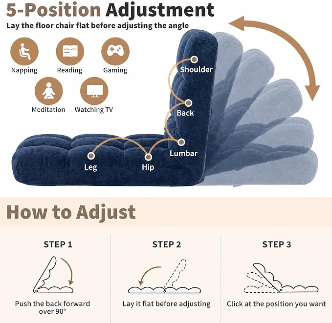 Garvee Folding Floor Chair with Back Support, Cozy Video Gaming Chairs | Adjustable Position, Metal Support Floor Lounger Foldable Lazy Sofa Bed Meditation Chair Foldable Ground Chair for Adult/Kids - Image 3