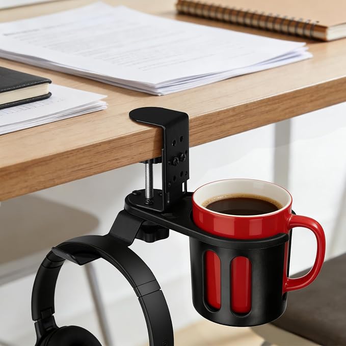 Desk Cup Holder Clamp 2 in 1 Clip On Table Cup Holder with Headphone Hanger - Image 8