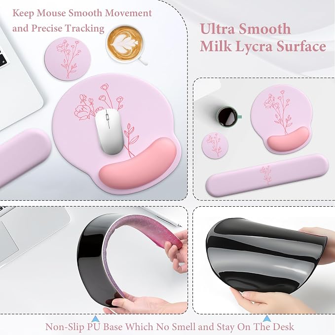 3 in 1 Ergonomic Mouse Pad and Keyboard Wrist Rest with Coaster Set-Pink - Image 3