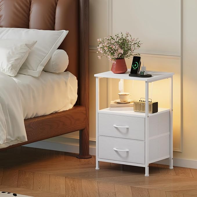 Somdot Nightstands Set of 2 with 2 Drawers, Charging Station & LED Light - Image 2