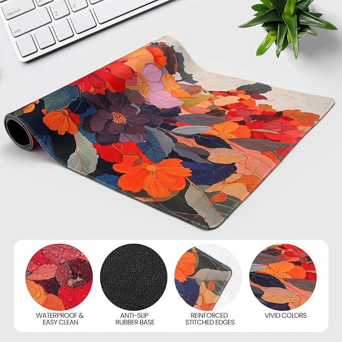 Extended Mouse Pad, Floral Design, 35.4 x 15.7 Inches, Microfiber Cloth Surface, Non-Slip Rubber Base, Rectangular Desk Mat for Gaming and Work - Image 5