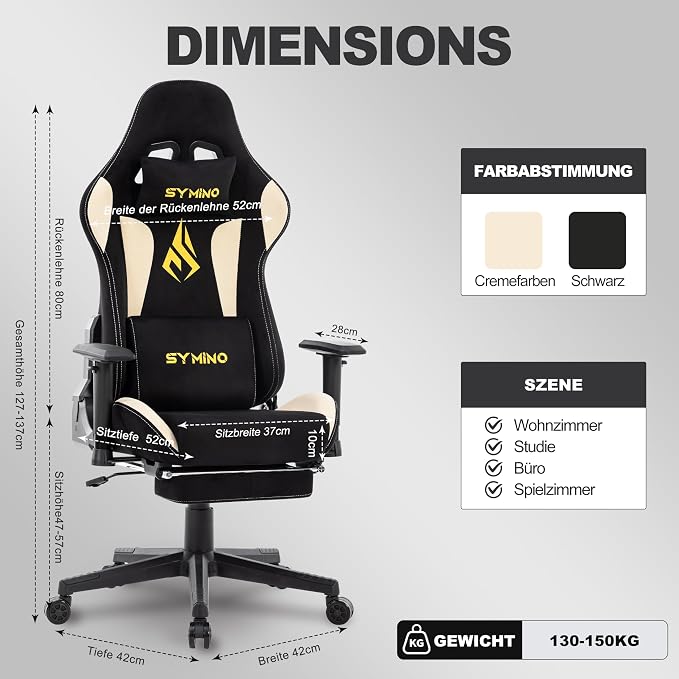 Symino Gaming Chair, High Back Ergonomic Office Chair with 2D Adjustable Armrests, 150° Recline, Breathable Faux Suede, Adjustable Headrest & Footrest for Home Office - Image 3