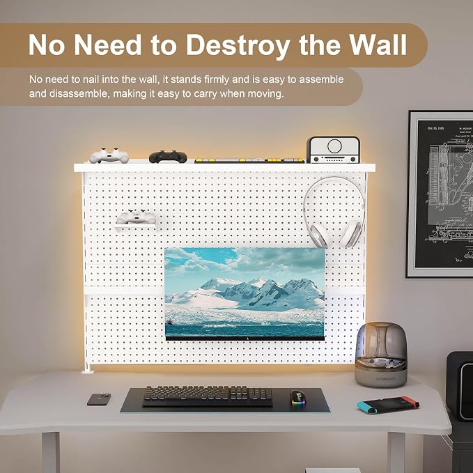 Majnesvon Clamp On Pegboard-Metal Office Pegboard Organizer with Monitor Stand, Peg Board Gaming for Desk with Hooks & Movable Partition, Office Storage Shelf for Workstation Setup (White 43x35 Inch) - Image 4
