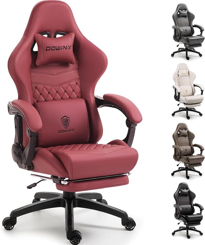Dowinx Big & Tall Vintage Gaming Chair for Adults, 400 lb Capacity Heavy Duty Ergonomic Computer Chair with Massage Lumbar, Footrest & Easy Side Recline, Red by Dowinx