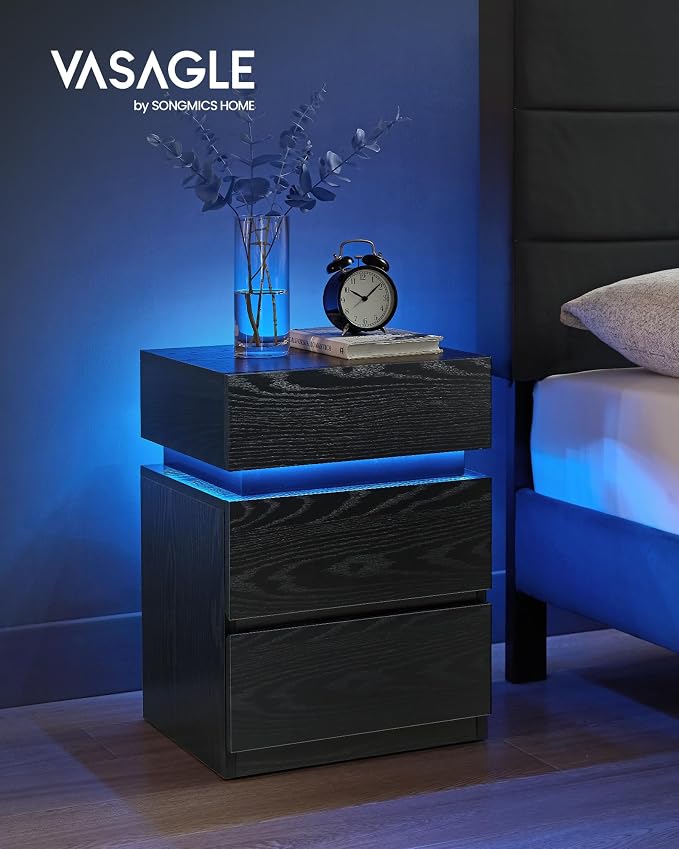 VASAGLE LED Nightstand with Charging Station, 3 Drawers - Image 3