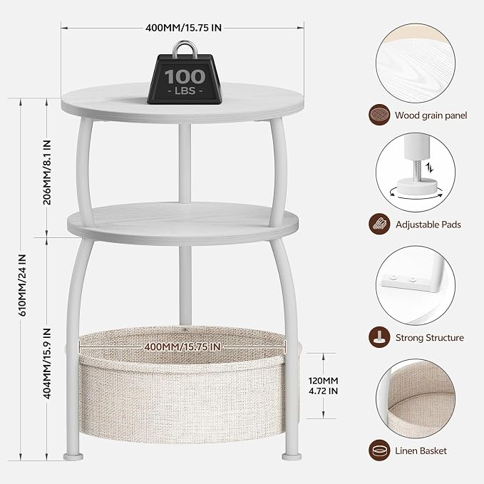 Round Side Table with Storage Basket, End Table Living Room, 15.7in - Image 7