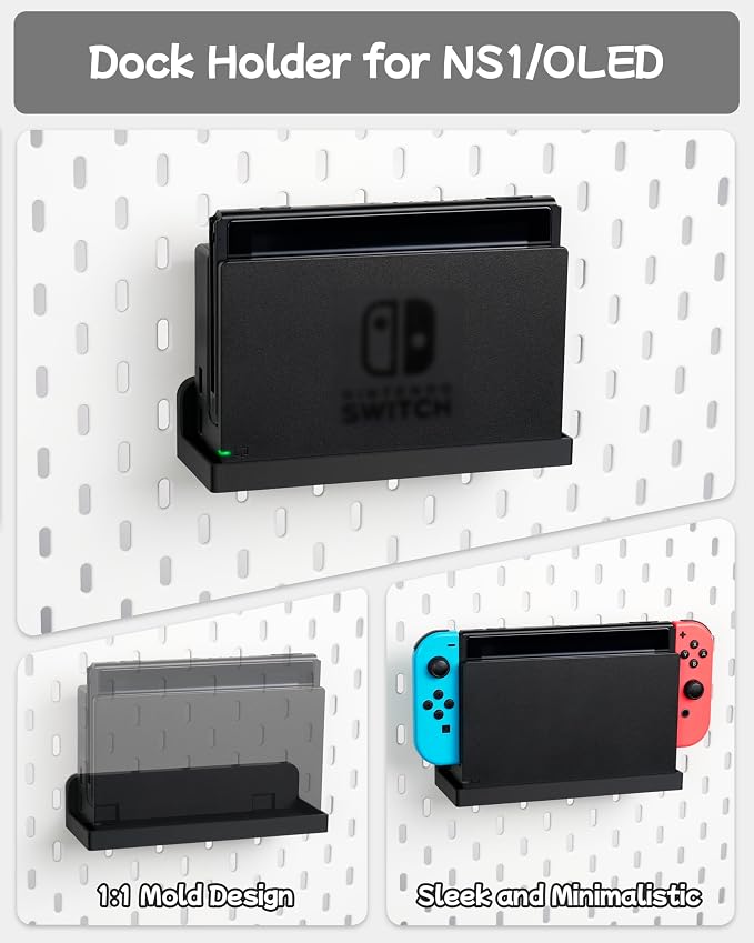 Pegboard Storage Set Compatible with Switch | 4PCS | Black | for NS1, Switch PRO controller and Console Dock, Joycon Holder Compatible with SKADIS Pegboard - Image 4