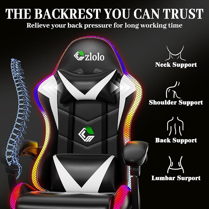 Czlolo Gaming Chair, Racing Style RGB LED Lights Gaming Chairs for Adults and Kids, Lumbar Massager Gamer Chair, High Back Reclining Computer Chair with Footrest and Headrest (Black/White) - Image 8