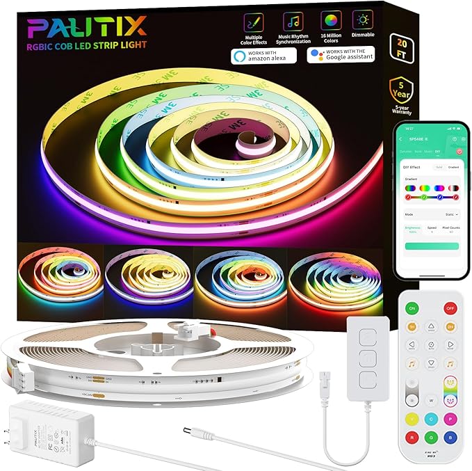 PAUTIX RGB Smart IC COB LED Strip Lights,Work with Alexa/Google Assistant,20ft/6.1m Addressable UL-Listed 24V Chasing Color Flexible Tape Light Multicolor,for Cabinet,TV,Bedroom,Party DIY Decoration by PAUTIX