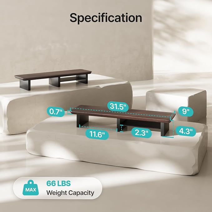 PEGZONE 31.5" Dual Monitor Riser, Metal Shelf Wooden Desk Organizer | Walnut Wooden Desk Shelf for 2 Monitors/TV,Monitor Stand Riser for Desk, Wood Monitor Stand Organizer for Home Office - Image 9