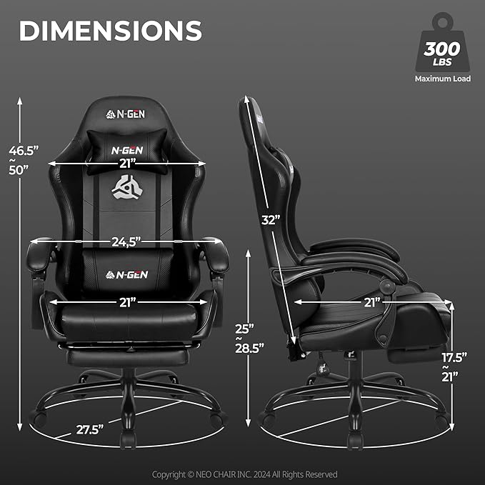 N-GEN GAMING Gaming Chair with Footrest, Lumbar, High-Back, All Black | Reclining Backrest, Linkage Armrests, Durable PU Leather, Adjustable Comfort for Extended Computer, Desk, or Home Office Use - Image 3