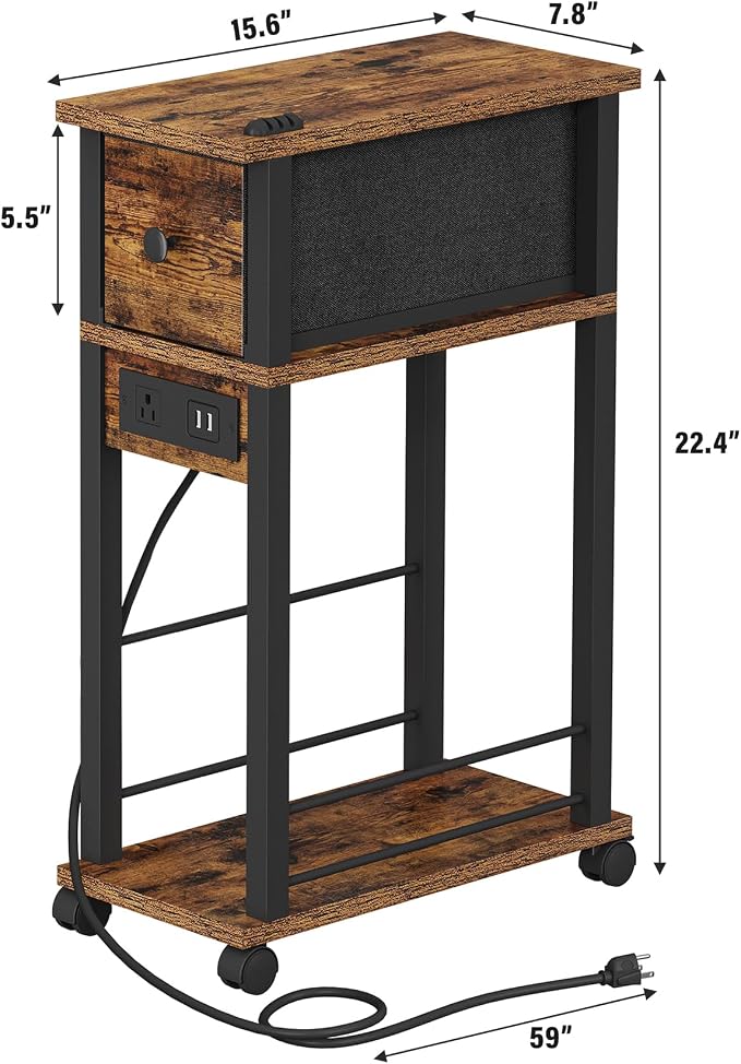 Slim Nightstand Set of 2, Narrow Side Table with Charging Station & Drawer - Image 3