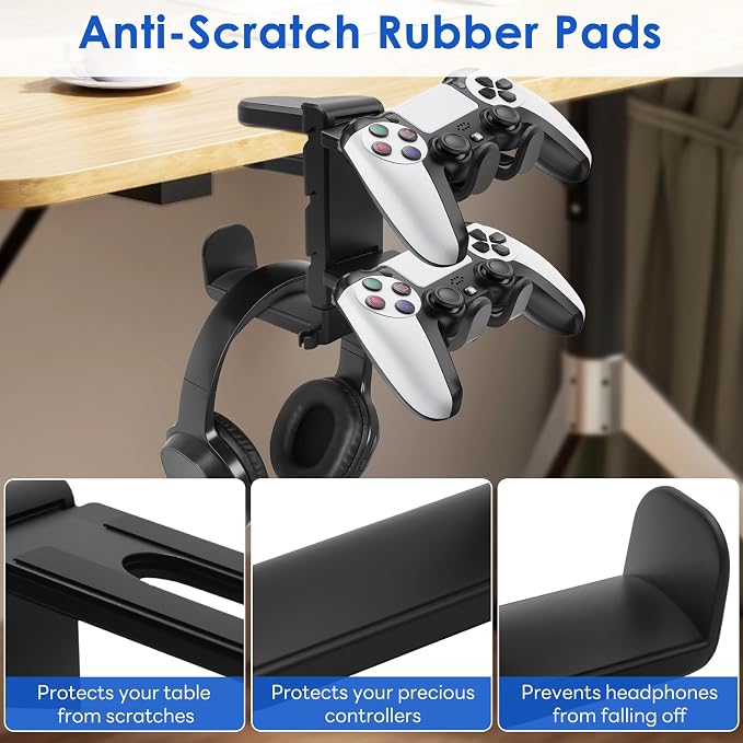 3 In 1 PC Gaming Headphone & Controller Stand Holder, Clamp On Headset Hanger with 360° Rotation Hook, Under Desk Cable Clip Organizer Earphone Storage Rack, Universal XBOX PS5 PS4 Switch Gift, Black - Image 4
