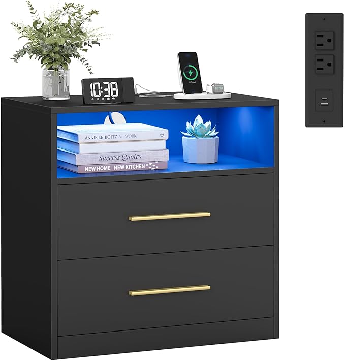 VASAGLE 23.6 Nightstands, LED Lights, Charging Station, 2 Drawers by Unknown