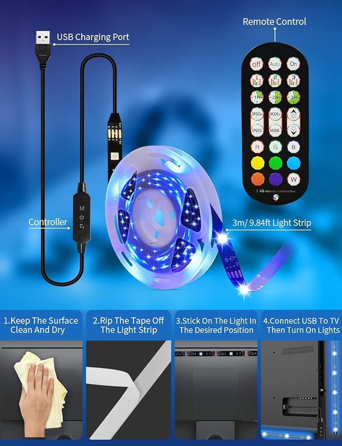 Daymeet LED TV Backlights, 9.8 ft USB Powered RGB Color Changing LED Strip Lights for 32-60 inch TVs with Remote Music Sync Bluetooth APP Control - Image 4