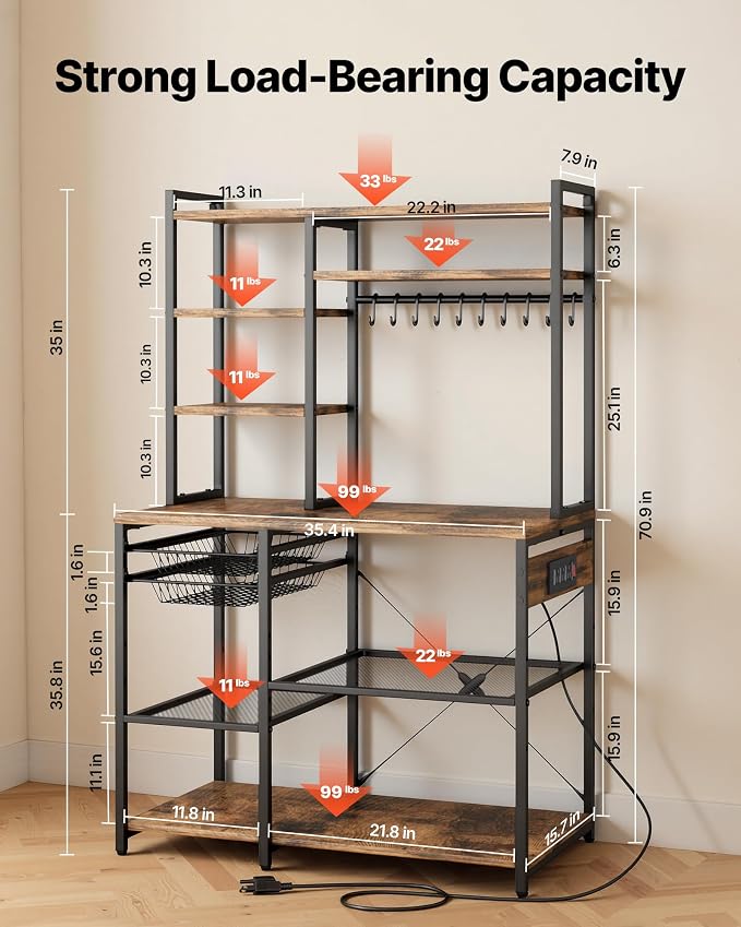 VEVOR Kitchen Bakers Rack with Power Outlets, 35.4x15.7x70.9 Inch Microwave Stand with Built-in Power Strip & 5 Ft Cord, 10 S-Shaped Hooks, for Dish Storage, Spice Jars, Coffee Bar Organization - Image 3