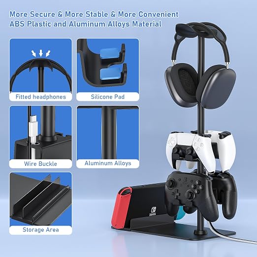 MANMUVIMO Headset Stand Controller Holder for 1 Headset and 4 Controller, Headphone Game Controller Stand for Desk, Gamer Gifts, Organizer Rack for iPad/Mobile Phone, Gaming Room Accessories - Image 3