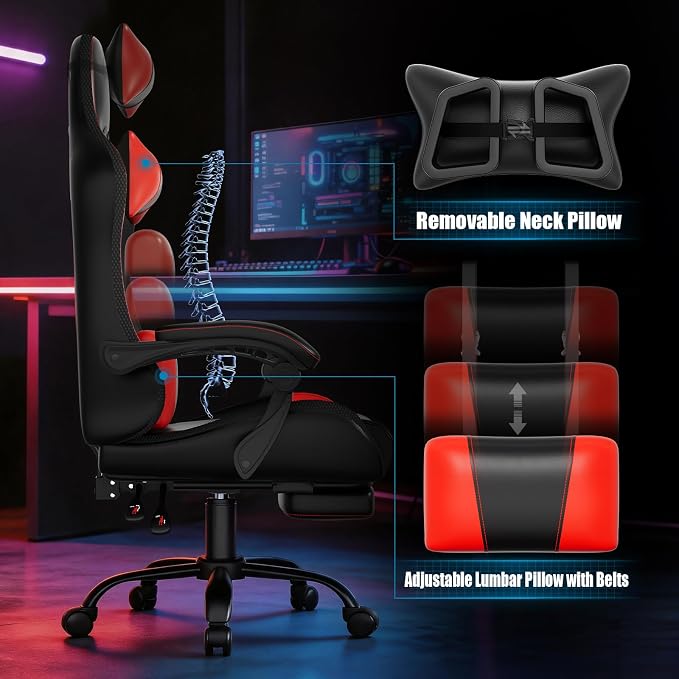 Czlolo Gaming Chair, RGB LED Lights Computer Chair with Footrest, Lumbar Support Massager Gamer Chair, High Back, 90-135° Reclining, Linkage Armrests, Crimson - Image 8