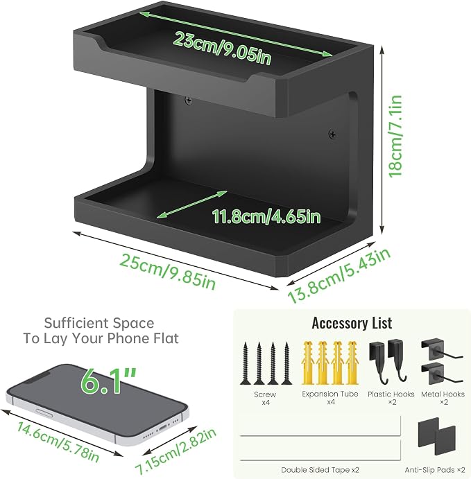 NiHome Bedside Wall Shelf Organizer, Wood 2-Tier Floating Nightstand, Black - Image 3