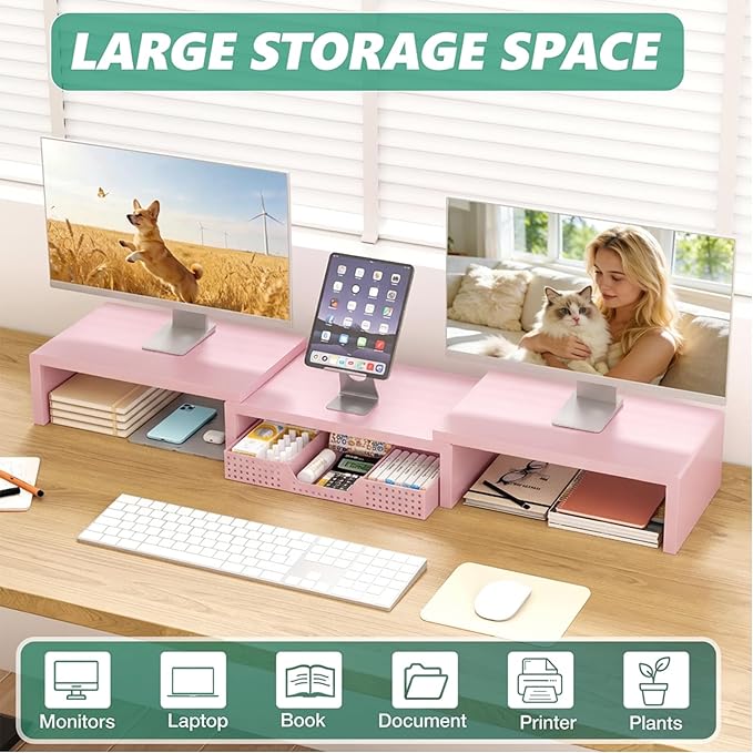 OPNICE Dual Computer Monitor Stand Riser, Desk Organizer with Drawer, Office Desk Accessories & Workspace Organizers for Home Office Supplies, Pink - Image 3