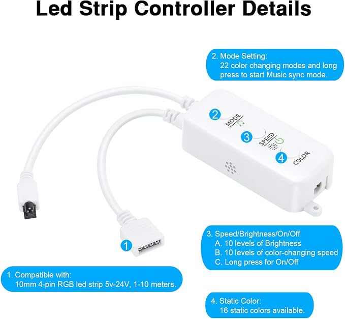 RGB LED Strip Light Controller, with APP, Music Sync and IR Remote, with Unlimited Colors and Pin Modify Feature Compatible with 5V-24V All 4-pin 10mm RGB LED Strip via Bluetooth Connection - Image 5