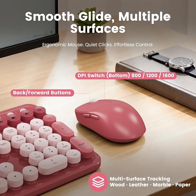 Wireless Keyboard and Mouse Combo, Retro Round Keycaps, Full-Size Stylish Typewriter Keyboard with Large Phone/Tablet Holder, 3-Level DPI Ergonomic Mouse, 2.4GHz Cordless for Windows PC, Rose Pink - Image 6