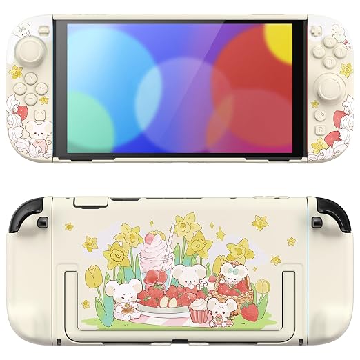 PlayVital Protective Case for Nintendo Switch 2 - Kawaii Dockable Hard Case Shell for Switch 2 with Thumb Grip & Sticker & Button Caps, Anti-Scratch, Shockproof Cover Skin - Creamy Mousie Picnic by PlayVital