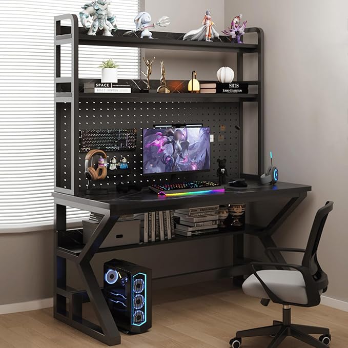 Computer Desk with Pegboard & Storage Shelves, Industrial Gaming Desk PC Desk Multifunctional Workstation for Home Office(100CM, Marble) by Unknown