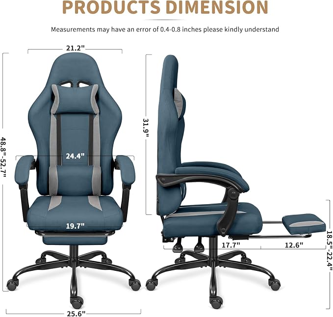Breathable Fabric Gaming Chair with Footrest - Blue/Light Grey | 90°-135° Recline, 18.5”-22.4” Height Adjust, Breathable Fabric, Footrest for Rest, for Gaming/Office, 15 Min Assembly - Image 3