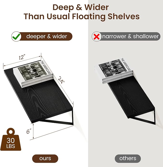 Axeman Deep Floating Shelves Black- 24 Inch Wide x 12 Inch Deep Wall Shelves Set of 2 - Black Wood Wall Shelves for Living Room Bedroom Laundry Room - Image 3