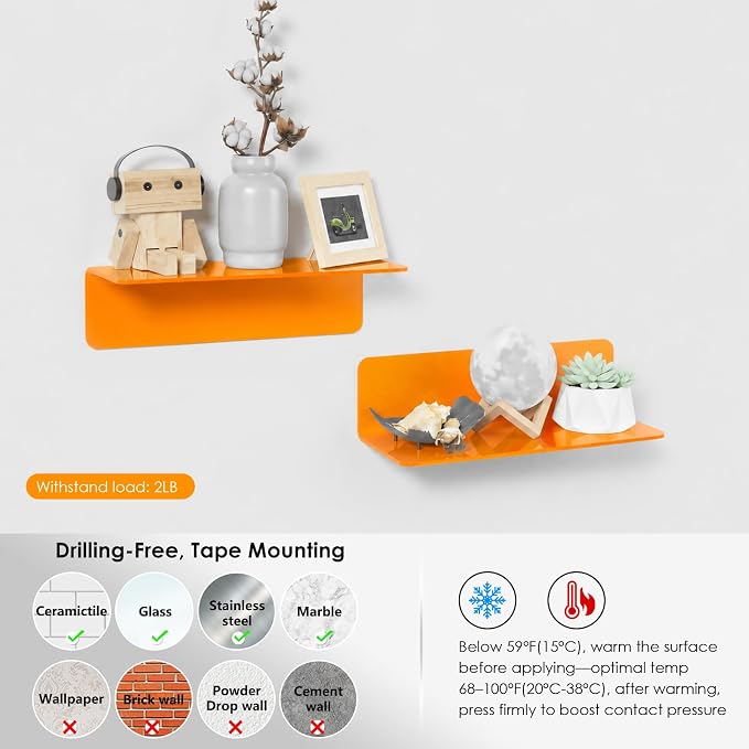 OAPRIRE Small Acrylic Floating Wall Shelves Set of 2, Flexible Use of Wall Space, 9 Inch Adhesive Display Shelf for Security Cameras/Smart Speaker/Action Figures, with Cable Clips - Clear Orange - Image 5