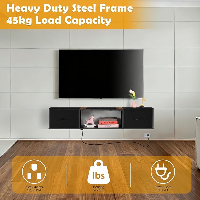 Floating TV Stand with Power Outlet, Wall Mounted Entertainment Center with Drawers, Rustic Brown Industrial Media Console Shelf for Living Room, Bedroom（Black） - Image 2